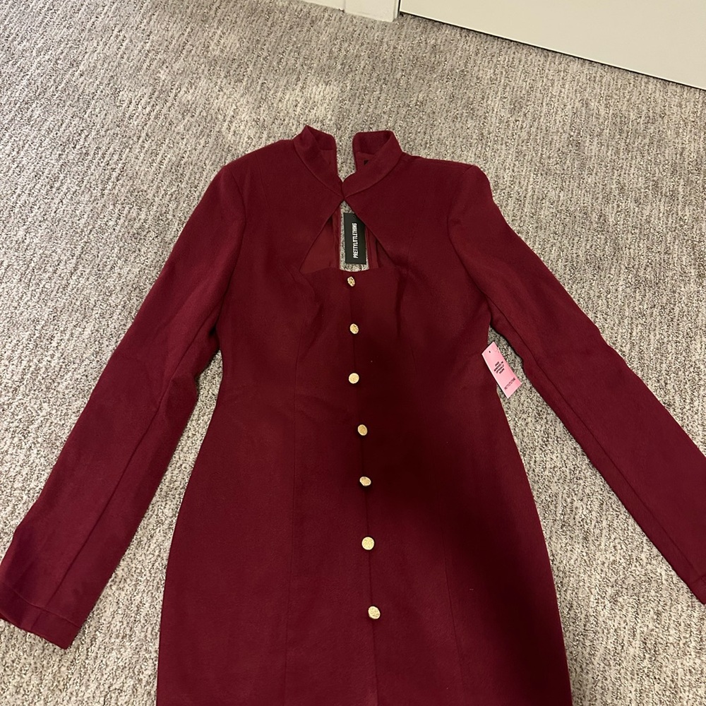 Elegant Burgundy Dress with Gold Buttons